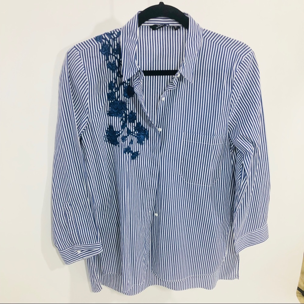 ZARA embroidered floral long sleeve shirt stripe